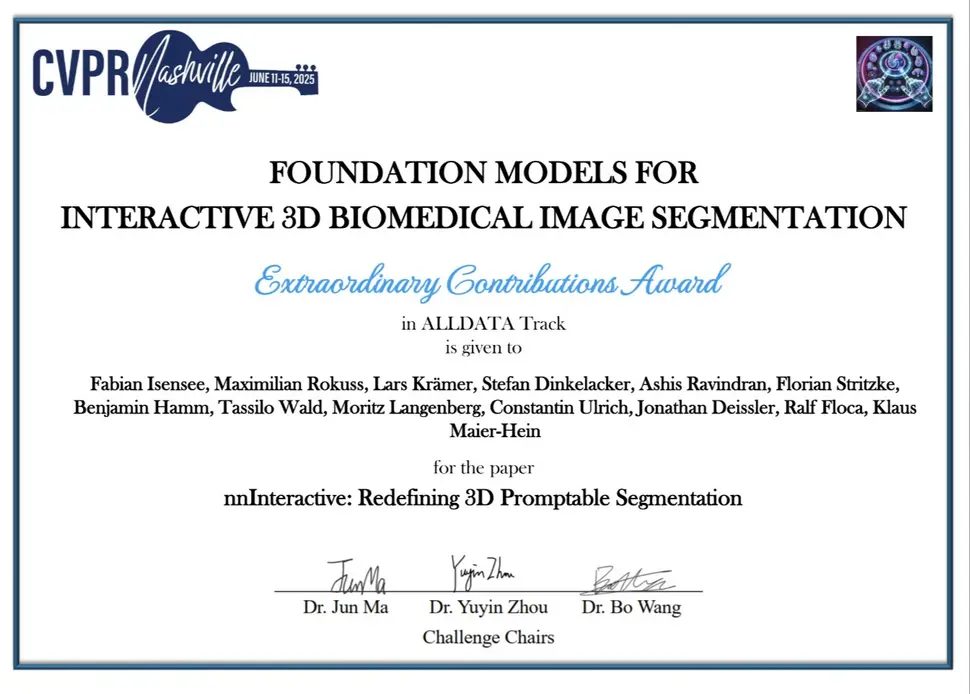Award: Extraordinary Contributions Award, CVPR 2025 Interactive 3D Biomedical Image Segmentation Challenge (ALLDATA track)